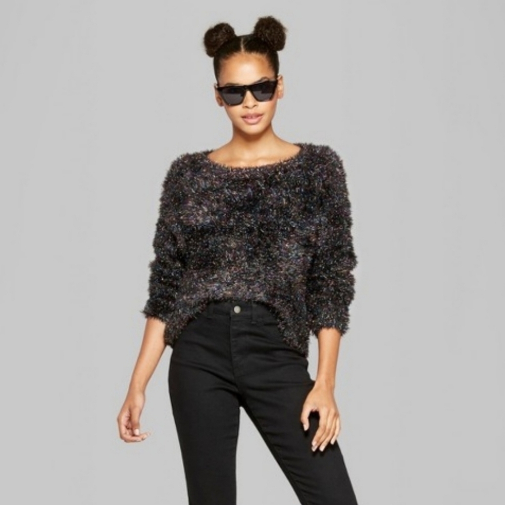 Wild Fable Tinsel Fuzzy Sweater Top Black Cosmic